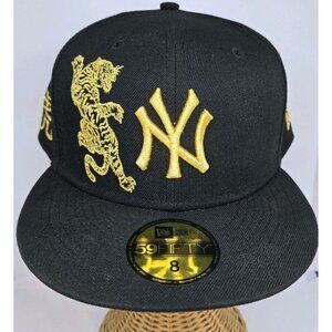 Mens New York Yankees New Era Custom Tiger Stiching Fitted Hat Sz 8 Black Gold